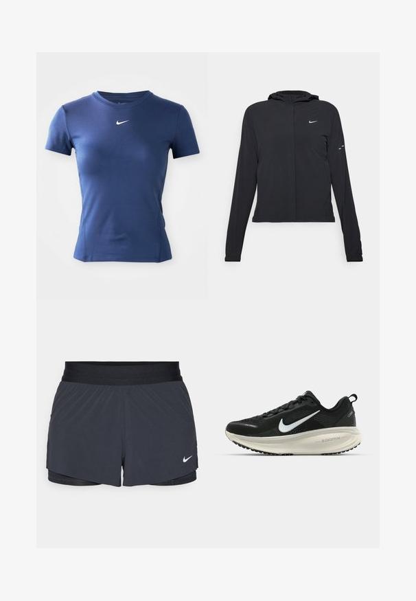 Černá kapucňová bunda s dlouhými rukávy, vyrobená z lehkého materiálu. Obsahuje přední zip, logo Nike a decentní designové akcenty.; Tmavě modré sportovní tričko s krátkým rukávem a bílým logem Nike swoosh uprostřed pod výstřihem na jednobarevném pozadí.; Černé sportovní kraťasy s elastickým pasem, které mají vrstvený design a malé bílé logo Nike na dolním levém rohu. Lehce materiál.; Černá běžecká obuv Nike s prodyšným síťovaným svrškem, bílým logem swoosh, texturovanými detaily a krémovou mezipodešví ZoomX.