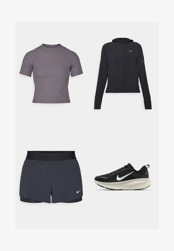 Svart hettegenser med lange ermer, laget av lett materiale. Har glidelås foran, Nike-logo og subtile design detaljer.; Kortermet topp med høy hals i ribbet, grått stoff. Fitted design med flate sømmer og glatt tekstur. Ingen mønstre eller grafikk til stede.; Sorte treningshorts med elastisk midjebånd, med lagdelt design og liten hvit Nike-logo på nederste venstre side. Lett materiale.; Svart Nike løpesko med pustende mesh-overdel, hvit swoosh-logo, teksturert detaljer og en kremfarget ZoomX mellomsåle.