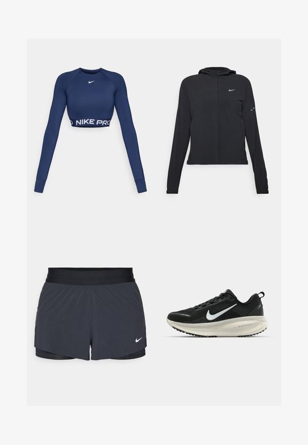 Svart hettegenser med lange ermer, laget av lett materiale. Har glidelås foran, Nike-logo og subtile design detaljer.; Nike Pro langermet cropped topp i marineblå. Har rund hals og logo-bånd med "NIKE PRO" på kanten. Glatt, elastisk stoff.; Sorte treningshorts med elastisk midjebånd, med lagdelt design og liten hvit Nike-logo på nederste venstre side. Lett materiale.; Svart Nike løpesko med pustende mesh-overdel, hvit swoosh-logo, teksturert detaljer og en kremfarget ZoomX mellomsåle.