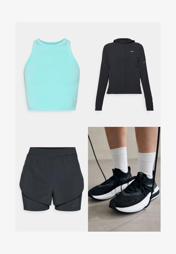 Melnā kapuci jaka ar garām piedurknēm, izgatavota no viegla materiāla. Tam ir priekšējais rāvējslēdzis, Nike logo un smalki dizaina akcenti.; Gaiši zils īsais topiņš, izgatavots no elastīgas kokvilnas, ar augstu apkakli un bez piedurknēm, ar gludu tekstūru un vienmērīgu šuvumu.; Melnas sporta šortus ar slāņotu dizainu, kas ietver gludu ārējo slāni un pieguļošus iekšējos šortus. Izgatavoti no viegla, elastīga auduma.; Melni sporta apavi ar strukturētu audumu, balta zole un melni šņores. Valkāti ar baltām ribotām zeķēm, stāvot uz gaišas virsmas.