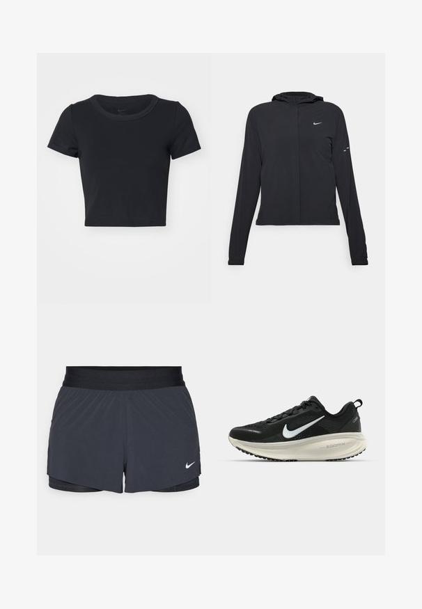 Svart huva jacka med långa ärmar, gjord av lätt material. Har en framdragare, en Nike-logotyp och subtila designelement.; Svart kortärmad t-shirt i mjukt och elastiskt material. Har rund halsringning och korta ärmar med en enkel design.; Svarta idrottsshorts med elastisk midja, med en lagerdesign och en liten vit Nike-logga på nedre vänstra sidan. Lättviktig material.; Svart Nike löparsko med andningsbart mesh-ovandel, vit swoosh-logotyp, texturerad detaljering och en krämfärgad ZoomX-mellansula.