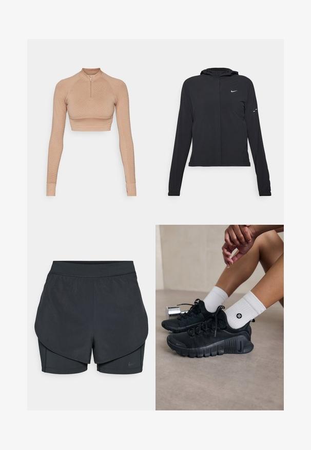 Schwarze Kapuzenjacke mit langen Ärmeln, aus leichtem Material gefertigt. Sie hat einen vorderen Reißverschluss, ein Nike-Logo und dezente Designelemente.; Langarm-Crop-Top in hellbeige mit strukturiertem Diamantmuster, Viertelreißverschluss und enganliegenden Ärmeln mit gerippten Bündchen.; Schwarze sportliche Shorts mit einem geschichteten Design, das eine glatte äußere Schicht und eng anliegende innere Shorts umfasst. Hergestellt aus leichtem, dehnbarem Material.; Schwarze Sportschuhe aus strukturiertem Stoff, mit Schnürdesign und auffälliger Sohle, kombiniert mit weißen gerippten Socken, die ein kleines Logo tragen.