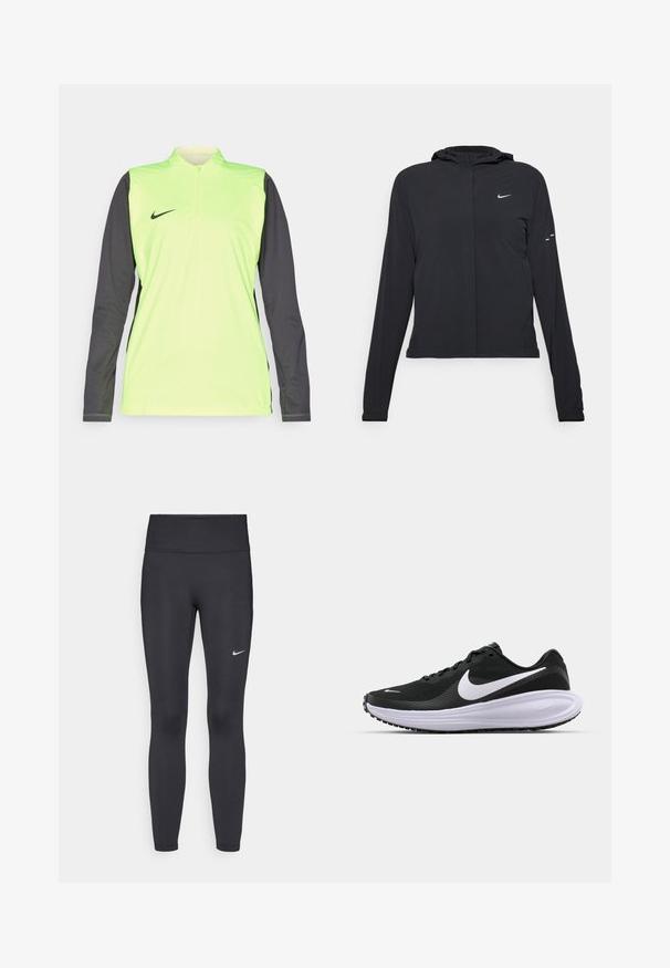 Schwarze Kapuzenjacke mit langen Ärmeln, aus leichtem Material gefertigt. Sie hat einen vorderen Reißverschluss, ein Nike-Logo und dezente Designelemente.; Langärmliges Sportoberteil in Neongelb mit dunkelgrauen Ärmeln. Es hat einen Viertel-Reißverschluss-Kragen und ein kleines schwarzes Nike-Logo auf der Vorderseite.; Schwarze Leggings aus elastischem Stoff, mit einem hohen Bund und einem weißen Nike-Logo auf dem linken Oberschenkel. Glatte Textur, figurbetontes Design.; Schwarzer Sportschuh mit einem strukturierten Mesh-Obermaterial, weißem Swoosh-Logo, gepolstertem Kragen und einer dicken, gepolsterten weißen Zwischensohle. Gummilaufsohle.