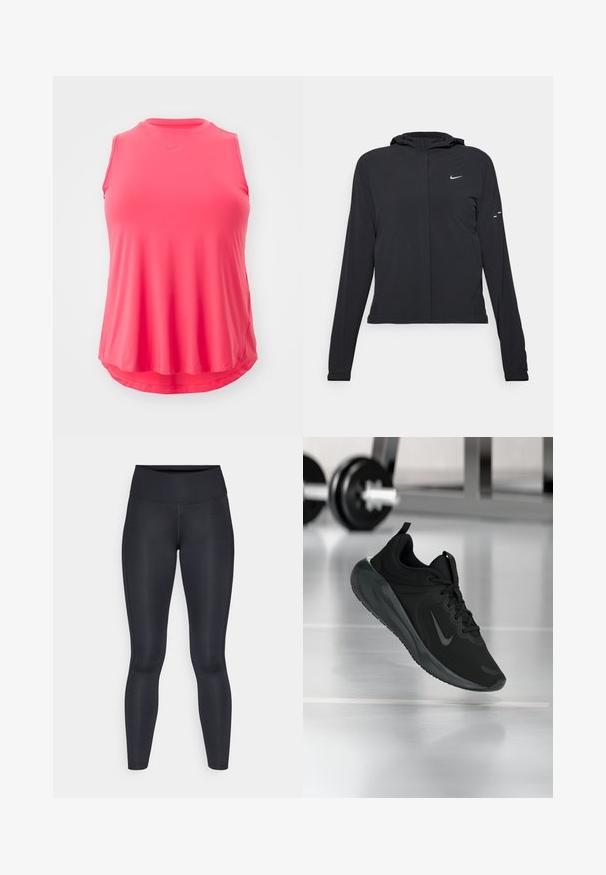 Juodas gobtuvas striukė su ilgomis rankovėmis, pagaminta iš lengvo audinio. Pasižymi priekiniais užtrauktukais, Nike logotipu ir subtiliais dizaino akcentais.; Nike Performance ONE CLASSIC TANK PLUS - Viršus - aster pink/black; Juodos leggingos, pagamintos iš lygios, tamprios medžiagos. Aukštas liemuo, be matomų raštų ar akcentų. Tvirtai priglunda prie kūno nuo liemens iki kulkšnies.; Juodas sportinis sportbačiai su Nike logotipu, pavaizduoti ore virš sporto salės grindų, fone išblurinta hantelių laikiklis.