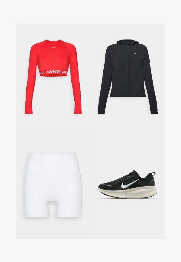Black hooded jacket with long sleeves, made from lightweight material. Features a front zipper, a Nike logo, and subtle design accents.; Red long-sleeve crop top made of stretchy fabric, featuring a round neck and white "NIKE PRO" band at the hem. Smooth texture, fitted design.; White high-waisted shorts made from stretch fabric. Features a smooth texture and fitted design, with no additional patterns or hardware.; Black Nike running shoe with breathable mesh upper, white swoosh logo, textured detailing, and a cream-colored ZoomX midsole.