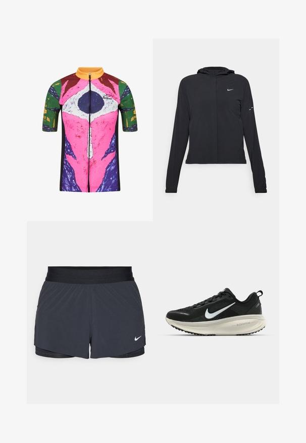 Zwarte kaptrui met lange mouwen, gemaakt van lichtgewicht materiaal. Voorzien van een ritssluiting aan de voorkant, een Nike-logo en subtiele ontwerpelementen.; Protest PRTJAMELLS - Wielershirt - multicolour; Zwarte sportshorts met een elastische tailleband, met een gelaagd ontwerp en een klein wit Nike-logo aan de onderkant links. Lichtgewicht materiaal.; Zwarte Nike hardloopschoen met ademend mesh bovenwerk, witte swoosh-logo, gestructureerde details en een crèmekleurige ZoomX middenzool.