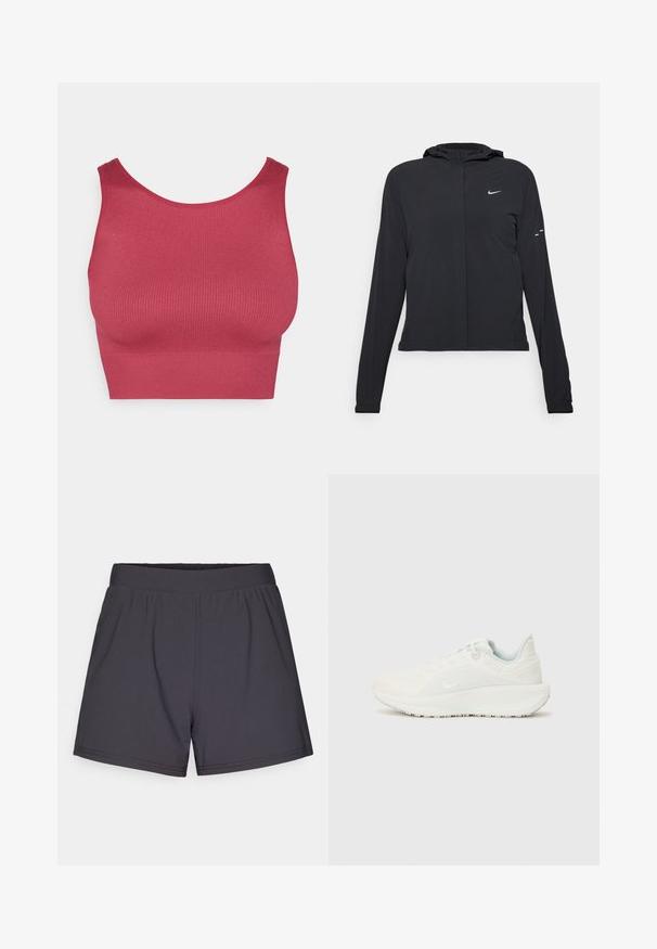 Juodas gobtuvas striukė su ilgomis rankovėmis, pagaminta iš lengvo audinio. Pasižymi priekiniais užtrauktukais, Nike logotipu ir subtiliais dizaino akcentais.; Ribotas, be rankovių, trumpas viršus tamsiai rožių spalvos. Pagamintas iš tamprios medžiagos su apvaliu iškirpimu ir prigludusia forma.; Juodi sportiniai šortai, pagaminti iš lengvos, elastingos medžiagos. Dėl elastingos juostos ir paprasto, nepuošto dizaino.; Balti sportiniai bateliai su tekstūruota viršutine dalimi, paminkštintu apykaklėmis ir šnorelių uždarymu. Turi kreivą pado kontūrą ir subtilų ženklinimą šone.