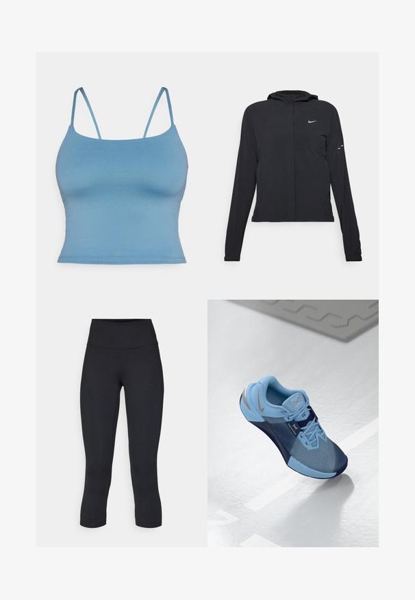 Giacca nera con cappuccio e maniche lunghe, realizzata in materiale leggero. Presenta una zip frontale, il logo Nike e accenti di design sottili.; Camisola aderente blu con spalline sottili, realizzata in tessuto morbido e elastico. Design semplice con orlo dritto e senza dettagli aggiuntivi.; Leggings cropped neri realizzati in tessuto elasticizzato, con vita alta e texture liscia, senza motivi o componenti visibili.; Scarpa atletica blu chiaro con accenti blu navy, tomaia in mesh testurizzato, punta rinforzata, lacci piatti e un logo argentato di lato.