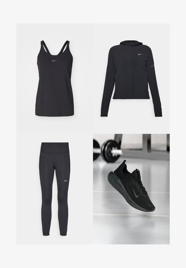 Casaco preto com capuz e mangas longas, feito de material leve. Apresenta um fecho dourado na frente, um logótipo da Nike e detalhes de design subtis.; Top atlético preto de alças finas e decote redondo, com um pequeno logótipo refletor da Nike no peito. Tecido suave e leve.; Leggings pretos feitos de tecido elástico, com uma cintura alta e um logo branco da Nike na coxa esquerda. Textura suave, design ajustado ao corpo.; Sapatilha desportiva preta com o logotipo da Nike, mostrada em pleno ar sobre o chão do ginásio, com um suporte de halteres desfocado ao fundo.