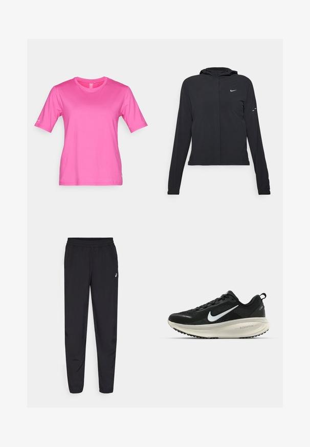 Veste à capuche noire avec des manches longues, fabriquée en matériau léger. Elle comporte une fermeture éclair à l'avant, un logo Nike et des accents de design subtils.; T-shirt fuchsia à manches courtes avec un col rond, fabriqué en tissu lisse. Présente un logo sur la manche gauche.; Pantalons de sport noirs avec une taille élastique, des jambes fuselées avec des poignets, fabriqués dans un matériau léger et lisse, et un petit logo sur la cuisse.; Baskets de course noir Nike avec tige respirante en mesh, logo swoosh blanc, détails texturés et semelle intermédiaire ZoomX de couleur crème.