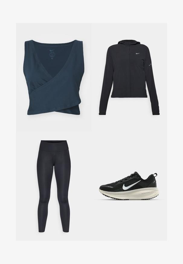 Fekete kapucnis dzseki hosszú ujjakkal, könnyű anyagból készült. Elülső cipzárral, Nike logóval és diszkrét dizájn elemekkel rendelkezik.; Tengerészkék Dri-FIT sporttank top, átlapolt dizájnnal, V-nyakkivágással és bordás textúrával. A belső részen Nike márkajelzéssel készült.; Fekete leggings sima, rugalmas anyagból. Magas derék, látható minták vagy díszítések nélkül. Szorosan illeszkedik a derektól a bokáig.; Fekete Nike futócipő légáteresztő hálós felsőrésszel, fehér Swoosh logóval, textúrázott részletekkel és krém színű ZoomX középtalppal.