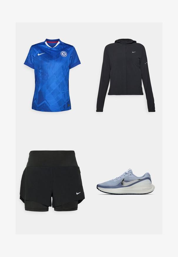 Schwarze Kapuzenjacke mit langen Ärmeln, aus leichtem Material gefertigt. Sie hat einen vorderen Reißverschluss, ein Nike-Logo und dezente Designelemente.; Blaues Nike-Fußballtrikot mit geometrischem Muster, einem V-Ausschnitt mit roten Akzenten und einem auf der Brust aufgestickten Chelsea FC-Logo.; Schwarze Sportshorts mit einem geschichteten Design, bestehend aus einer inneren Shorts und einer äußeren Überlage, aus leichtem, dehnbarem Material.; Hellblau-weißer Nike-Laufschuh mit silbernem Swoosh, atmungsaktivem Mesh-Obermaterial, gepolstertem Sohlen und schwarzem Außensohlenprofil.