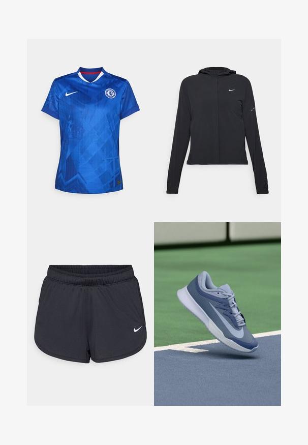 Melnā kapuci jaka ar garām piedurknēm, izgatavota no viegla materiāla. Tam ir priekšējais rāvējslēdzis, Nike logo un smalki dizaina akcenti.; Zila Nike futbola krekla, kas izceļas ar ģeometrisku rakstu, V veida apkakli ar sarkaniem akcentiem un Chelsea FC logo izšūtu uz krūtīm.; Melnas sporta šortus, kas izgatavoti no viegla, elpojoša auduma. Iezīmē elastīga josta un balts Nike logo labajā apakšējā stūrī.; Sporta apavi gaiši zilā un tumši zilā krāsā, ar strukturētu augšējo daļu, plakanu šņoru un vieglu balto zoli. Novietoti virs laukuma virsmas.
