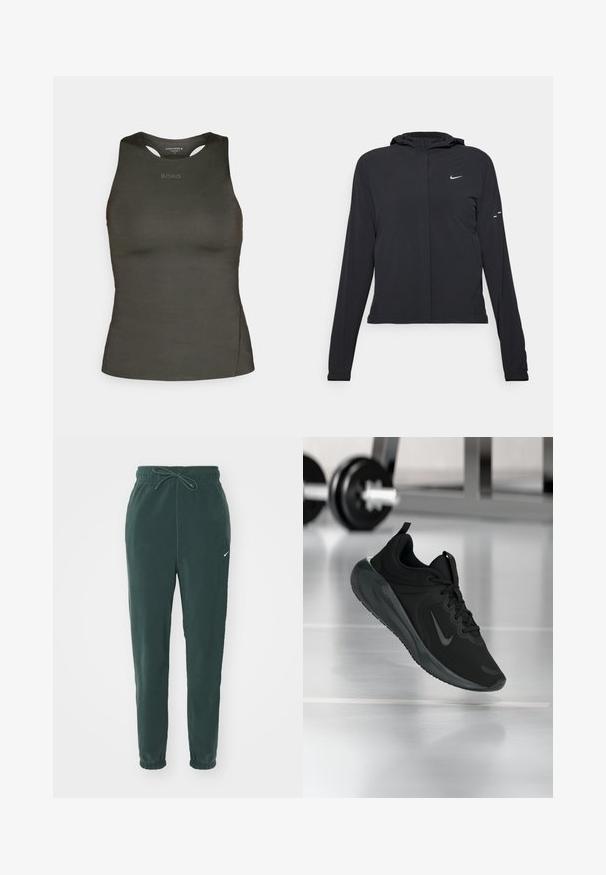 Čierna kapucňová bunda s dlhou rukávou, vyrobená z ľahkého materiálu. Má predný zips, logo Nike a jemné dizajnové akcenty.; Tmavozelený športový top s hladkým materiálom. Má okrúhly výstrih a výrezy na ramenách. Na prednej strane je logo "BORG".; Zelené fleece tepláky s nastaviteľným pásom na šnúrku, elastickými manžetami a malým bielym logom na ľavom stehne.; Čierne športové tenisky s logom Nike, zobrazené vo vzduchu na podlahe telocvične, s rozmazaným regálom činkami v pozadí.
