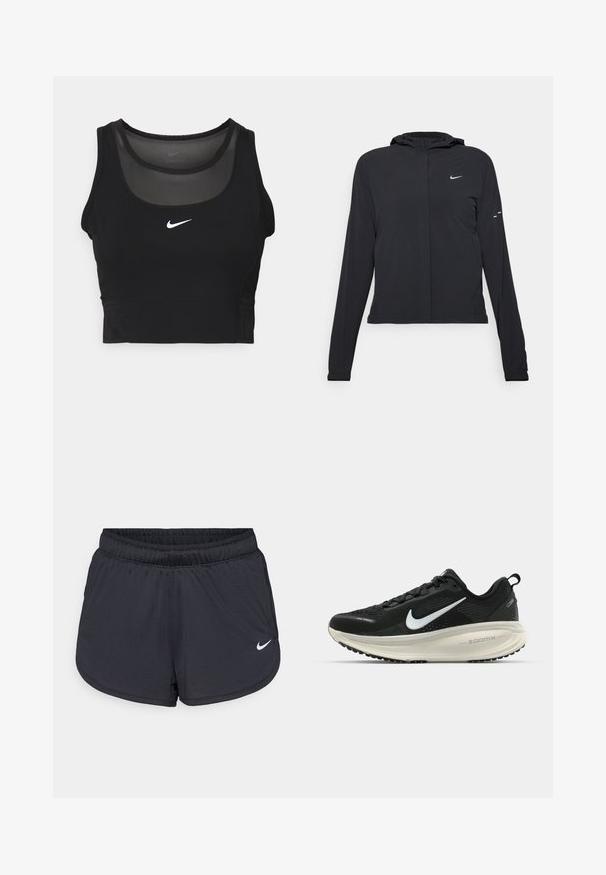 Fekete kapucnis dzseki hosszú ujjakkal, könnyű anyagból készült. Elülső cipzárral, Nike logóval és diszkrét dizájn elemekkel rendelkezik.; Fekete sportos rövid top kerek nyakkivágással és áttetsző betétekkel. Középen fehér Nike logóval és testhez álló fazonban.; Fekete sport rövidnadrág elasztikus derékpánttal, sportos kialakítással és egy fehér Nike logóval az elején alul. Texturált anyag.; Fekete Nike futócipő légáteresztő hálós felsőrésszel, fehér Swoosh logóval, textúrázott részletekkel és krém színű ZoomX középtalppal.