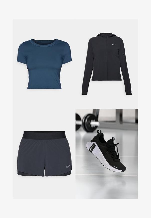 Czarna kurtka z kapturem, z długimi rękawami, wykonana z lekkiego materiału. Posiada zamek błyskawiczny z przodu, logo Nike oraz subtelne akcenty wzornicze.; Granatowa krótka koszulka z gładkiego, elastycznego materiału. Posiada okrągły dekolt oraz krótkie rękawy z prostymi detalami szycia.; Czarne szorty sportowe z elastycznym pasem, o warstwowej konstrukcji i małym białym logo Nike na dolnym lewym boku. Wykonane z lekkiego materiału.; Czarne sportowe buty z teksturowaną cholewką z tkaniny, białą podeszwą i wyraźnym systemem sznurowania. Zawierają logo Nike oraz miękką, amortyzowaną konstrukcję.
