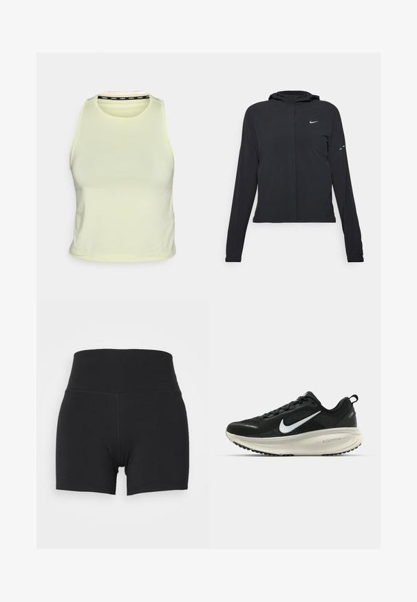 Juodas gobtuvas striukė su ilgomis rankovėmis, pagaminta iš lengvo audinio. Pasižymi priekiniais užtrauktukais, Nike logotipu ir subtiliais dizaino akcentais.; Šviesiai gelsvas be rankovių crop top'as, pagamintas iš minkštos medžiagos. Turi apvalų kaklą ir juodą prekinio ženklo akcentą vidinėje apykaklės dalyje.; Juodi sportiniai šortai su aukštu elastingu juosmeniu, pagaminti iš lygios, tamprios medžiagos. Turi prigludusį dizainą ir minimalius siuvimo akcentus.; Juodas Nike sportinis batelis su kvėpuojančiu tinklu, baltu swoosh logotipu, tekstūruoto dizaino detalėmis ir grietinėlės spalvos ZoomX viduriu.