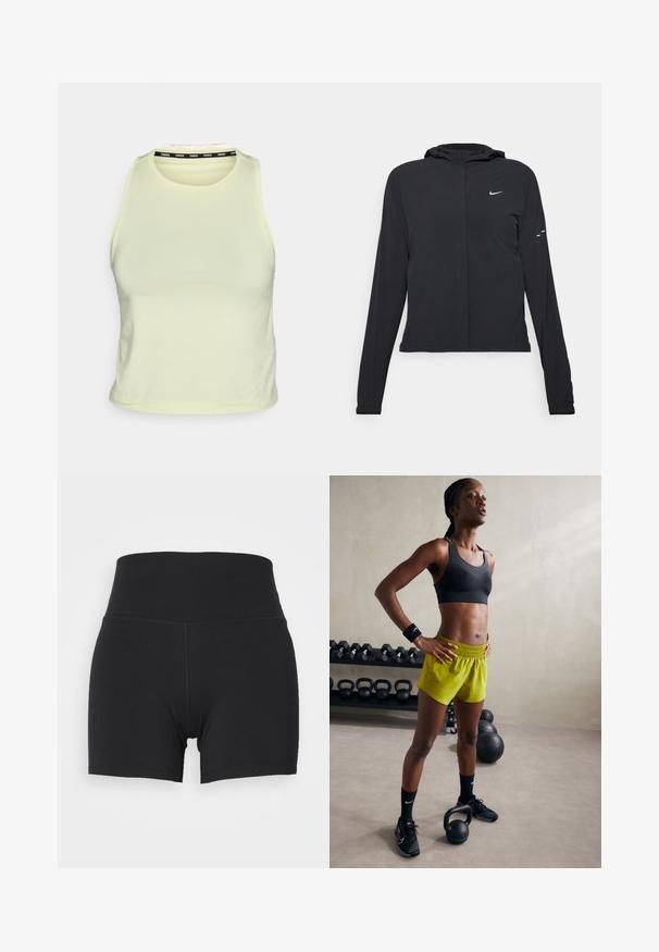Zwarte kaptrui met lange mouwen, gemaakt van lichtgewicht materiaal. Voorzien van een ritssluiting aan de voorkant, een Nike-logo en subtiele ontwerpelementen.; Lichtgele mouwloze crop top, gemaakt van zacht materiaal. Heeft een ronde hals en een zwart merkaccent op de binnenkraag.; Zwarte sportshorts met een hoge elastische tailleband, gemaakt van gladde, rekbare stof. Heeft een getailleerd ontwerp en minimale stiksels.; Zwarte sportbeha, felgele shorts met een elastische tailleband, zwarte sportschoenen en polsbanden, staande naast kettlebells.