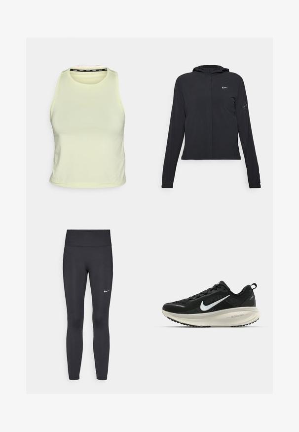 Čierna kapucňová bunda s dlhou rukávou, vyrobená z ľahkého materiálu. Má predný zips, logo Nike a jemné dizajnové akcenty.; Svetlo žltý bezrukávový crop top, vyrobený z mäkkého materiálu. Má okrúhly výstrih a čierny brandovaný akcent na vnútornej golierik.; Čierne legíny z elastického materiálu, s vysokým pásom a bielym logom Nike na ľavom stehne. Hladká textúra, priliehavý dizajn.; Čierne bežecké topánky Nike s priedušnou sieťovinou, bielym logom s symbolom swoosh, textúrovanými detailmi a krémovou ZoomX medzipodrážkou.