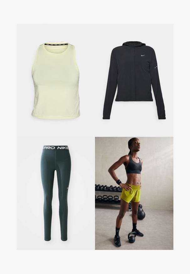 Mustassa hupparissa on pitkät hihat, ja se on valmistettu kevyestä materiaalista. Siinä on edessä vetoketju, Nike-logo ja hillityt muotoiluyksityiskohdat.; Vaaleankeltainen hihaton crop-top, joka on valmistettu pehmeästä materiaalista. Siinä on pyöreä kaula-aukko ja musta brändätty yksityiskohta sisäkauluksessa.; Tummanvihreät legginssit venyvää materiaalia, joissa on leveä vyötärö, jossa on "PRO NIKE" -logo ja pieni valkoinen Nike-swoosh sivulla.; Musta urheiluliivi, kirkkaat keltaiset shortsit, joissa on joustava vyötärö, mustat urheilu-kengät ja rannetuet, seisomassa kettlebellien vieressä.