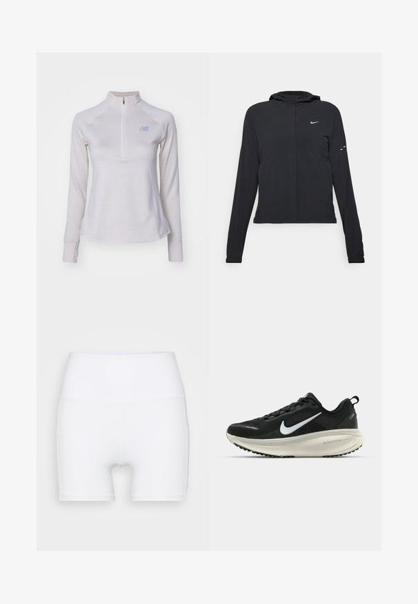 Svart huva jacka med långa ärmar, gjord av lätt material. Har en framdragare, en Nike-logotyp och subtila designelement.; Ljusgrå långärmad pullover med kvartslång dragkedja, subtila ränder, mjukt material och en liten logotyp på bröstet. Har åtsittande ärmar.; Vita högmidjade shorts i stretchtyg. Har en jämn yta och en åtsittande design, utan ytterligare mönster eller detaljer.; Svart Nike löparsko med andningsbart mesh-ovandel, vit swoosh-logotyp, texturerad detaljering och en krämfärgad ZoomX-mellansula.
