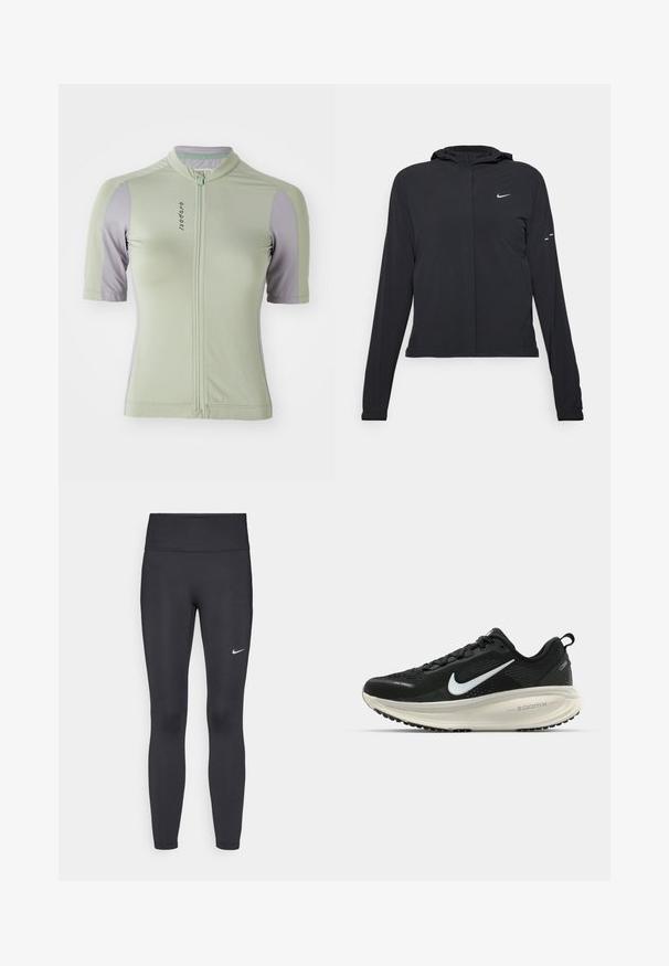 Svart hettegenser med lange ermer, laget av lett materiale. Har glidelås foran, Nike-logo og subtile design detaljer.; Kortermet sykkeltrøye i lys grønn med lilla detaljer. Har glidelås foran, rund krave og teksturert stoff.; Sorte leggings laget av elastisk stoff, med høy livlinje og en hvit Nike-logo på venstre lår. Glatt tekstur, kroppsnær passform.; Svart Nike løpesko med pustende mesh-overdel, hvit swoosh-logo, teksturert detaljer og en kremfarget ZoomX mellomsåle.