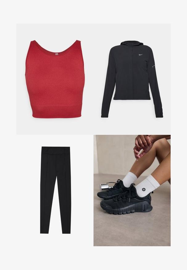 Juodas gobtuvas striukė su ilgomis rankovėmis, pagaminta iš lengvo audinio. Pasižymi priekiniais užtrauktukais, Nike logotipu ir subtiliais dizaino akcentais.; ONLY Play ONPJAIA LIFE SEAM SHORT - Viršus - sun-dried tomato; Juodos leggingai, pasižymintys lygiu paviršiumi, aukštu juosmeniu ir siuvimo detalėmis šonuose. Dailiai priglustanti forma, tinkanti įvairioms veikloms.; Juodi sportiniai bateliai su tekstūruota medžiaga, raištelių dizainu ir ryškiu padu, derinami su baltais raukšlėtais kojiniais, turinčiais mažą logotipą.