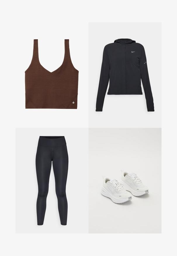 Jachetă neagră cu glugă, cu mâneci lungi, fabricată din material ușor. Dispune de un fermoar frontal, un logo Nike și accente de design subtile.; Brasă sport maro cu un design în formă de V, realizată dintr-un material neted și elastic. Dispune de bretele late și un mic accent cu logo la tiv.; Leggings negre dintr-un material neted și elastic. Talie înaltă fără modele sau accente vizibile. Se potrivesc strâns de la talie până la glezne.; Pantofi sport albi cu un superior din plasă texturată, talpă amortizată și accente subtile de gri. Include branding și un buclă la călcâi pentru a fi ușor de încălțat.