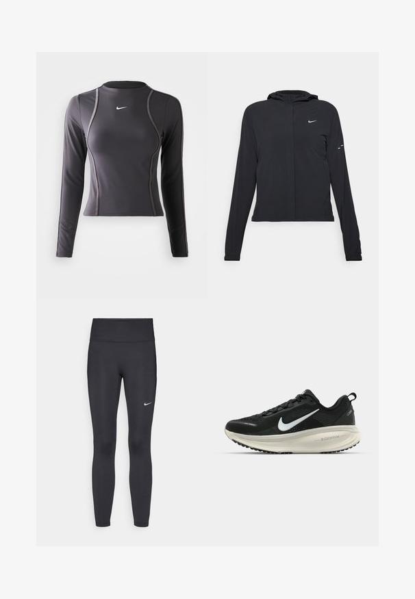 Schwarze Kapuzenjacke mit langen Ärmeln, aus leichtem Material gefertigt. Sie hat einen vorderen Reißverschluss, ein Nike-Logo und dezente Designelemente.; Langärmliges Sportoberteil in Dunkelgrau, aus dehnbarem Material, mit rundem Ausschnitt und kontrastierenden Nähten. Nike-Logo auf der Brust.; Schwarze Leggings aus elastischem Stoff, mit einem hohen Bund und einem weißen Nike-Logo auf dem linken Oberschenkel. Glatte Textur, figurbetontes Design.; Schwarzer Nike-Laufschuh mit atmungsaktivem Mesh-Obermaterial, weißem Swoosh-Logo, strukturierten Details und einer cremefarbenen ZoomX-Zwischensohle.