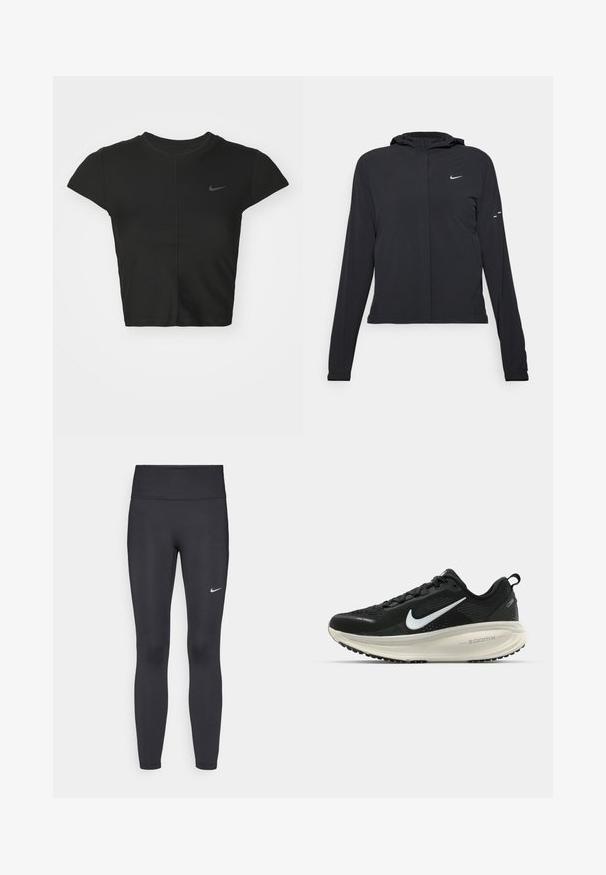 Črna kapuča s dolgimi rokavi, izdelana iz lahkega materiala. Ima sprednji zadrgo, logotip Nike in subtilne oblikovne detajle.; Črna skrajšana majica s kratkimi rokavi, rebrasto teksturo in majhnim temno sivo Nike logotipom na prsih, ki ima prilegajoč dizajn.; Črne legice iz elastične tkanine, z visokim pasom in belim Nike logo na levem stegnu. Gladka tekstura, oblikovno prilegajoč dizajn.; Črne Nike tekaške čevlje z zračno mrežno zgornjim delom, belim logotipom Swoosh, teksturiranimi detajli in smetanasto barvnim srednjim delom ZoomX.
