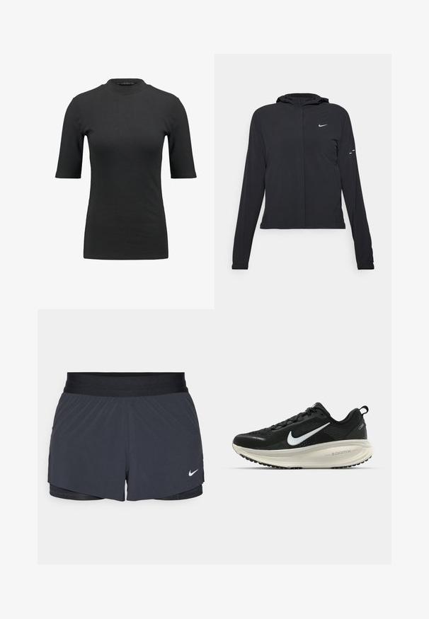 Schwarze Kapuzenjacke mit langen Ärmeln, aus leichtem Material gefertigt. Sie hat einen vorderen Reißverschluss, ein Nike-Logo und dezente Designelemente.; Schwarzes geripptes T-Shirt mit hohem Hals und kurzen Ärmeln. Glattes, figurbetontes Design ohne Muster oder sichtbare Hardware-Details.; Schwarze Sportshorts mit elastischem Bund, ausgestattet mit einem geschichteten Design und einem kleinen weißen Nike-Logo unten links. Leichtes Material.; Schwarzer Nike-Laufschuh mit atmungsaktivem Mesh-Obermaterial, weißem Swoosh-Logo, strukturierten Details und einer cremefarbenen ZoomX-Zwischensohle.