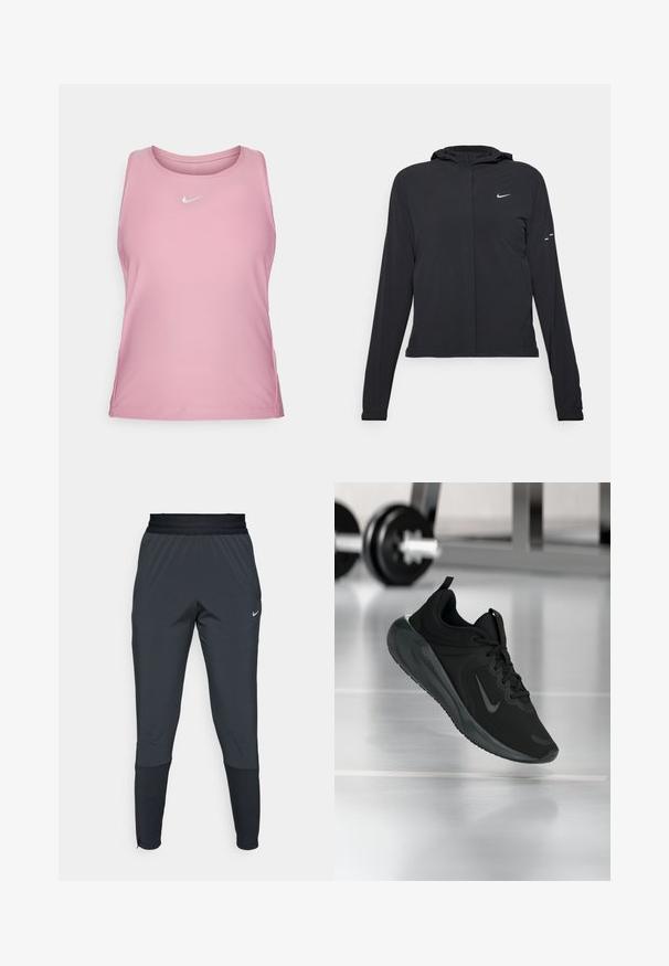 Čierna kapucňová bunda s dlhou rukávou, vyrobená z ľahkého materiálu. Má predný zips, logo Nike a jemné dizajnové akcenty.; Nike Performance VICTORY TANK - Top - elemental pink/white; Športové nohavice Nike v tmavo sivej farbe, s členeným strihom na nohaviciach, elastickým pásom a akcentovanými detailmi pri manžetách.; Čierne športové tenisky s logom Nike, zobrazené vo vzduchu na podlahe telocvične, s rozmazaným regálom činkami v pozadí.