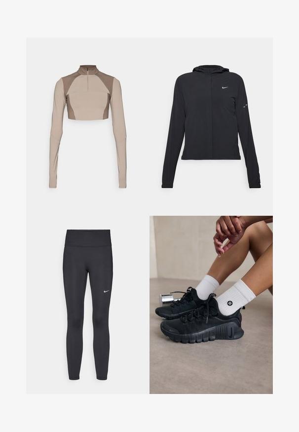 Jachetă neagră cu glugă, cu mâneci lungi, fabricată din material ușor. Dispune de un fermoar frontal, un logo Nike și accente de design subtile.; Top bej, scurt, cu mânecă lungă, guler înalt, fermoar pe un sfert și detalii texturate pe umeri. Fabricat dintr-un material elastic și neted.; Leggings negre dintr-un material elastic, având talie înaltă și un logo alb Nike pe coapsa stângă. Textură netedă, design care se conturează pe corp.; Pantofi sport negri din material texturat, cu un design cu sireturi și o talpă proeminentă, asortați cu șosete albe cu model cu nervuri, având un mic logo.