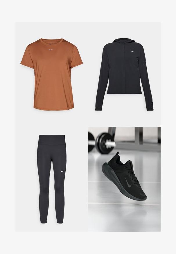Must musta kapuutsiga jakk, millel on pikad varrukad ja mis on valmistatud kergetest materjalidest. Omab esitaskut, Nike logo ja kergelt silmatorkavaid disainiaktsente.; Nike Performance ONE CLASSIC TOP - Spordi T-särk - british tan/black; Mustad mustadest leggingid, mis on valmistatud venivast kangast, kõrge vöökoha ja valge Nike logo abil vasakul reiel. Sile tekstuur, keha järgiv disain.; Mustad mustang spordijalatsid Nike logo'ga, õhus spordisaali põrandal, häguste hantlite riiulitega taustal.