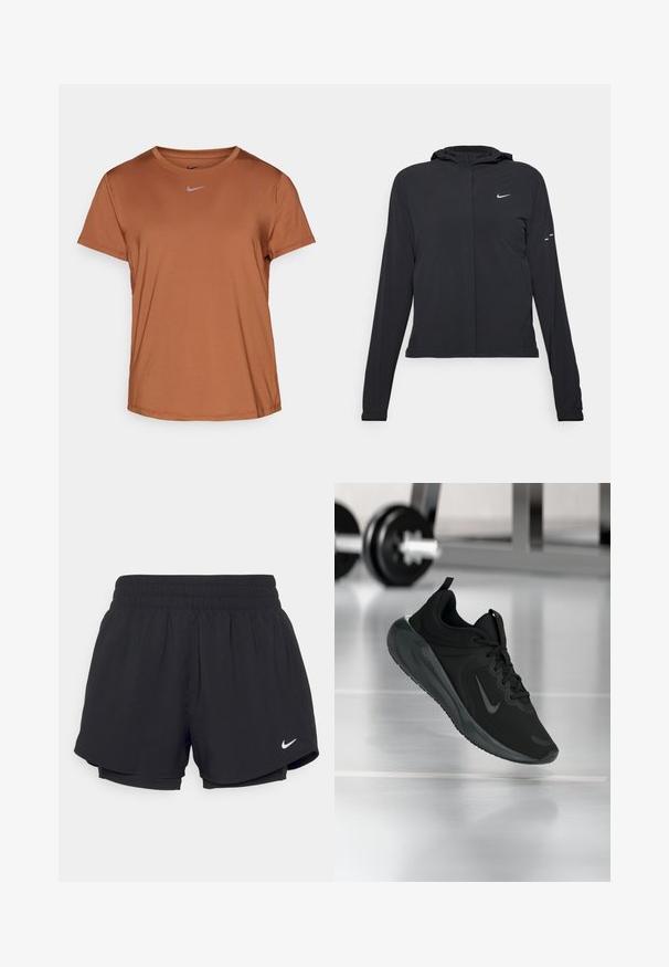 Črna kapuča s dolgimi rokavi, izdelana iz lahkega materiala. Ima sprednji zadrgo, logotip Nike in subtilne oblikovne detajle.; Nike Performance ONE CLASSIC TOP - Športne majice - british tan/black; Črne športne pantalone z nabranim elastičnim pasom, notranjo podlogo in belim Nike logotipom na spodnji levi strani. Gladka, lahka tkanina.; Črne športne teniske z logotipom Nike, prikazane v zraku na telovadni talni površini, v ozadju pa zamegljena vrsta uteži.