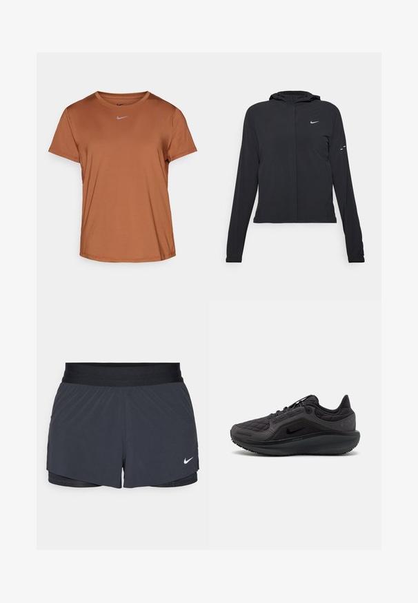 Czarna kurtka z kapturem, z długimi rękawami, wykonana z lekkiego materiału. Posiada zamek błyskawiczny z przodu, logo Nike oraz subtelne akcenty wzornicze.; Nike Performance ONE CLASSIC beżowy; Czarne szorty sportowe z elastycznym pasem, o warstwowej konstrukcji i małym białym logo Nike na dolnym lewym boku. Wykonane z lekkiego materiału.; Czarny but sportowy z pikowaną cholewką, teksturowanymi akcentami i wyściełaną podeszwą. Posiada wyróżniające się logo Nike oraz trwałą podeszwę.