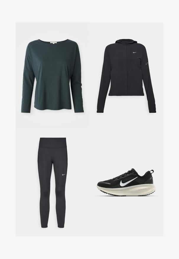 Must musta kapuutsiga jakk, millel on pikad varrukad ja mis on valmistatud kergetest materjalidest. Omab esitaskut, Nike logo ja kergelt silmatorkavaid disainiaktsente.; Tumehelesinine pikkade varrukatega lõdvestatud lõikega särk, millel on paadiekraan, valge taustal, suurus väike, pehme kerge materjal.; Mustad mustadest leggingid, mis on valmistatud venivast kangast, kõrge vöökoha ja valge Nike logo abil vasakul reiel. Sile tekstuur, keha järgiv disain.; Musthave mustus Nike jooksujalats, millel on hingav võrgust ülemine osa, valge swoosh logo, tekstuuriga detailid ja kreemja värvusega ZoomX vahevöö.