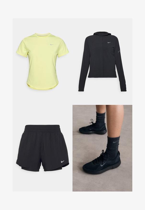 Černá kapucňová bunda s dlouhými rukávy, vyrobená z lehkého materiálu. Obsahuje přední zip, logo Nike a decentní designové akcenty.; Žluté sportovní tričko s krátkým rukávem vyrobené z materiálu odvádějícího vlhkost. Má kulatý výstřih a malé šedé logo Nike na hrudi.; Černé sportovní šortky s nařaseným elastickým pasem, vnitřní podšívkou a bílým logem Nike na dolním levém rohu. Hladká, lehká tkanina.; Černé tenisky Nike s texturovaným pleteným svrškem, s šedým logem swoosh, doplněné tmavými žebrovanými ponožkami. Ploché gumové podrážky.
