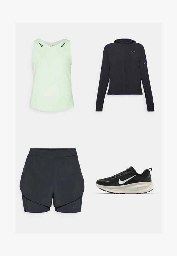 Chaqueta negra con capucha y mangas largas, hecha de un material ligero. Presenta un cierre frontal, un logo de Nike y acentos de diseño sutiles.; Top deportivo sin mangas de color verde claro, fabricado con un material transpirable, que cuenta con un escote redondeado y patrones perforados para ventilación.; Pantalones cortos deportivos negros con un diseño en capas, que cuentan con una capa exterior suave y pantalones cortos interiores ajustados. Fabricados con una tela ligera y elástica.; Zapatilla de running Nike negra con parte superior de malla transpirable, logo Swoosh blanco, detalles texturizados y una entresuela ZoomX de color crema.