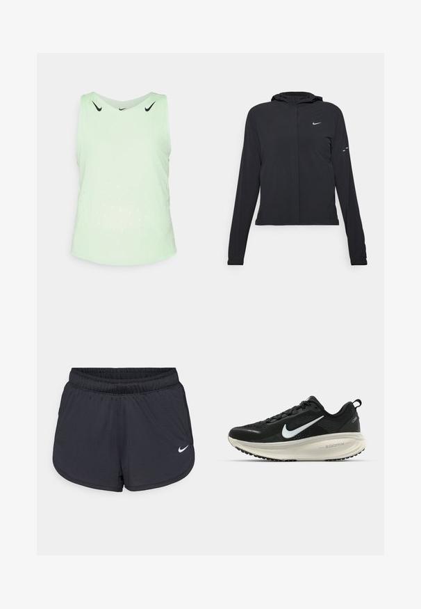 Sort hættetrøje med lange ærmer, lavet af letvægtsmateriale. Har en frontlynlås, et Nike-logo og subtile designaccenter.; Lysegrøn sportstanktop lavet af åndbart materiale, med rund halsudskæring, ærmeløst design og perforerede mønstre til ventilation.; Sorte atletikshorts med elastisk talje, med et sporty design og en hvid Nike-logo på den nederste front. Tekstureret stof.; Sort Nike løbesko med åndbart mesh-overdel, hvidt swoosh-logo, tekstureret detaljering og en cremede ZoomX mellemsål.