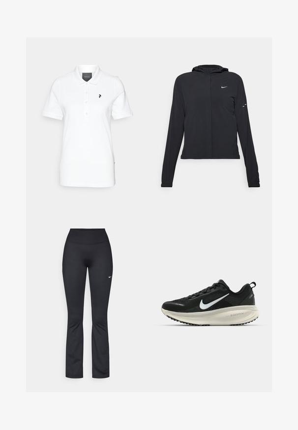 Sort hættetrøje med lange ærmer, lavet af letvægtsmateriale. Har en frontlynlås, et Nike-logo og subtile designaccenter.; Hvid polo t-shirt lavet af glat stof, med klassisk krave og korte ærmer. Sort logo på venstre bryst. Knapper ned foran.; Sorte atletikleggings med høj talje, lavet af glat, elastisk stof. Har en lille hvid Nike-logo på venstre lår.; Sort Nike løbesko med åndbart mesh-overdel, hvidt swoosh-logo, tekstureret detaljering og en cremede ZoomX mellemsål.
