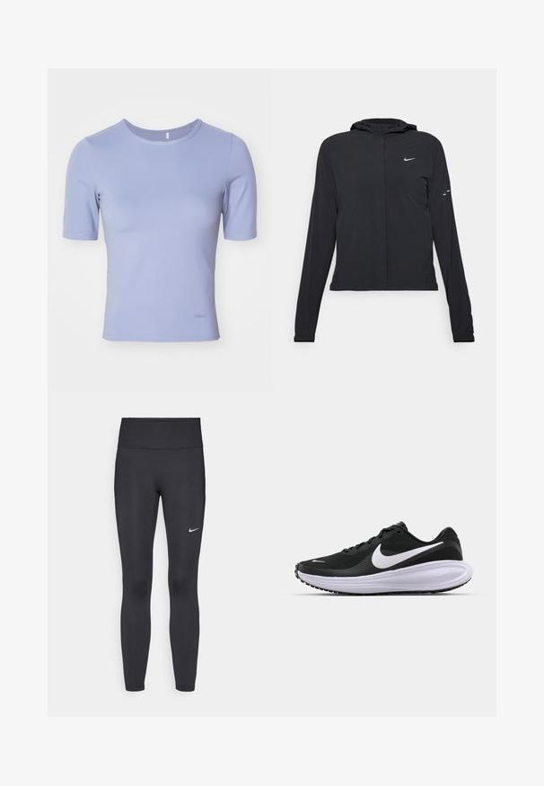 Crna jakna s kapuljačom i dugim rukavima, izrađena od laganog materijala. Ima prednji patentni zatvarač, Nike logo i suptilne dizajnerske detalje.; Majica kratkih rukava, uskog kroja, od svijetloljubičaste tkanine. Glatka tekstura s okruglim izrezom i suptilnim brendom na rubu.; Crne tajice izrađene od rastezljivog materijala, s visokim strukom i bijelim Nike logotipom na lijevom bedru. Glatka tekstura, dizajn koji prati obline.; Crne sportske tenisice s teksturiranim mrežastim gornjim dijelom, bijelim swoosh logotipom, podstavljenim ovratnikom i debelim, podstavljenim bijelim srednjim dijelom. Guma potplat.