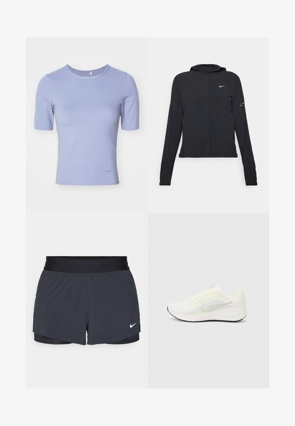 Melnā kapuci jaka ar garām piedurknēm, izgatavota no viegla materiāla. Tam ir priekšējais rāvējslēdzis, Nike logo un smalki dizaina akcenti.; Īsām piedurknēm pieguļošs T-krekls gaiši lavandas krāsā. Gluda tekstūra ar kuplu apkakli un smalku zīmolu atzīmi apakšmalā.; Melnas sporta šortus ar elastīgu jostu, ar slāņotu dizainu un mazu balto Nike logo apakšējā kreisajā stūrī. Viegls materiāls.; Nike Performance DOWNSHIFTER 13 - Apavi skriešanai pa asfaltu - sail/silver-coloured photon dust/summit white/barely volt/black