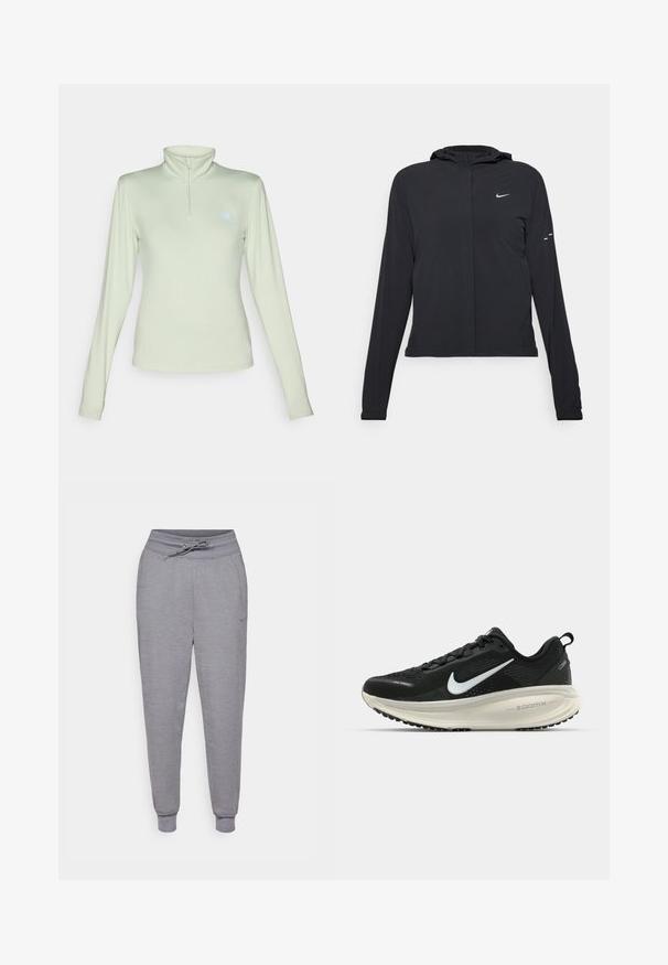 Črna kapuča s dolgimi rokavi, izdelana iz lahkega materiala. Ima sprednji zadrgo, logotip Nike in subtilne oblikovne detajle.; New Balance SPORT ESSENTIALS SPACE DYE QUARTER ZIP - Majica z dolgimi rokavi - garter snake; Sive tapered trenirke z vrvico v pasu, elastičnimi manšeti in diskretnim Nike logotipom na levem stegnu. Mehek, teksturiran material.; Črne Nike tekaške čevlje z zračno mrežno zgornjim delom, belim logotipom Swoosh, teksturiranimi detajli in smetanasto barvnim srednjim delom ZoomX.