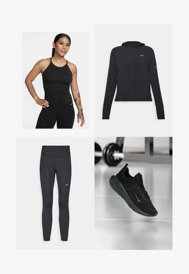 Černá kapucňová bunda s dlouhými rukávy, vyrobená z lehkého materiálu. Obsahuje přední zip, logo Nike a decentní designové akcenty.; Černý sportovní top s vysokým výstřihem a tenkými ramínky. Tkanina je hladká s přiléhavým střihem, doplněná o odpovídající legíny.; Černé legíny vyrobené z elastického materiálu, s vysokým pasem a bílým logem Nike na levém stehně. Hladká textura, přiléhavý střih.; Černé sportovní tenisky s logem Nike, zobrazené ve vzduchu na podlaze tělocvičny, s rozostřeným regálem s činkami na pozadí.