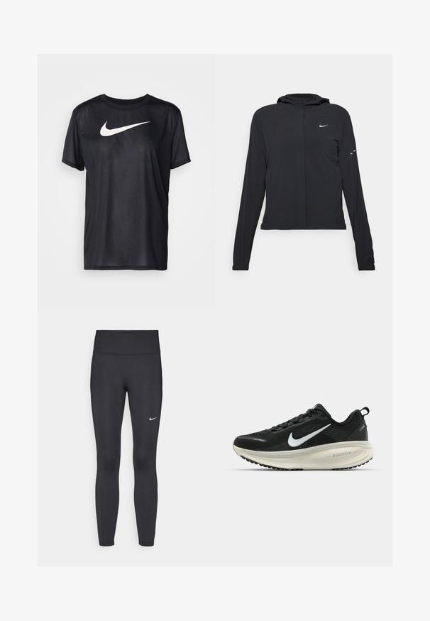 Chaqueta negra con capucha y mangas largas, hecha de un material ligero. Presenta un cierre frontal, un logo de Nike y acentos de diseño sutiles.; Camiseta de manga corta negra, hecha de tela suave, con un gran logo de swoosh blanco de Nike en el frontal. Diseño de cuello redondo sencillo.; Leggings negras de tela elástica, con una cintura alta y un logo blanco de Nike en el muslo izquierdo. Textura suave, diseño ajustado.; Zapatilla de running Nike negra con parte superior de malla transpirable, logo Swoosh blanco, detalles texturizados y una entresuela ZoomX de color crema.