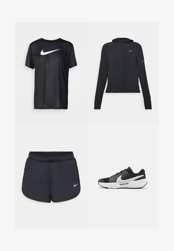Črna kapuča s dolgimi rokavi, izdelana iz lahkega materiala. Ima sprednji zadrgo, logotip Nike in subtilne oblikovne detajle.; Črna kratka majica s kratkimi rokavi iz gladkega blaga, s proti velikim belim logotipom Nike swoosh na sprednji strani. Preprost dizajn s krožnim ovratnikom.; Črne atletske kratke hlače z elastičnim pasom, športnega dizajna z belim Nike logotipom na spodnjem delu spredaj. Tkanina z teksturo.; Črno-bele športne čevlje z teksturirano zgornjim delom, izrazitim Nike swooshom in kontrastnim dizajnom podplata za izboljšano oprijemljivost in stabilnost.
