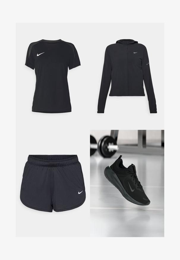 Melnā kapuci jaka ar garām piedurknēm, izgatavota no viegla materiāla. Tam ir priekšējais rāvējslēdzis, Nike logo un smalki dizaina akcenti.; Melnā Nike T-kreklā ar īsām piedurknēm, apaļo kakla izgriezumu un baltu Nike logotipu kreisajā krūtī; gluda, viegla auduma struktūra.; Melnas sporta šortus, kas izgatavoti no viegla, elpojoša auduma. Iezīmē elastīga josta un balts Nike logo labajā apakšējā stūrī.; Melnas sporta kedas ar Nike logo, rādot gaisā uz sporta zāles grīdas, ar izplūdušu hantelēm fona.