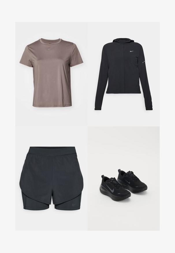 Casaco preto com capuz e mangas longas, feito de material leve. Apresenta um fecho dourado na frente, um logótipo da Nike e detalhes de design subtis.; T-shirt atlético cinza feito de um tecido suave e que elimina a humidade. Apresenta um decote redondo e um pequeno logótipo preto da Nike na parte da frente. Mangas curtas, corte regular.; Calções desportivos pretos com um design em camadas, apresentando uma camada exterior suave e calções interiores ajustados. Feitos de um tecido leve e elástico.; Sapatilhas desportivas pretas com um cabedal texturizado, design com atacadores e uma sola grossa e acolchoada. Apresenta um logótipo da Nike em cinza de cada lado.
