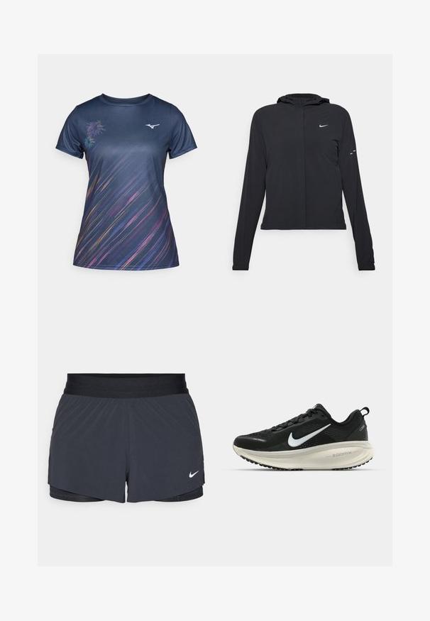 Črna kapuča s dolgimi rokavi, izdelana iz lahkega materiala. Ima sprednji zadrgo, logotip Nike in subtilne oblikovne detajle.; Temno modra športna majica iz gladkega, zračnega blaga. Vključuje dinamične, barvite diagonalne črte in majhen grafični prikaz ognjemetov na levi strani.; Črne atletske kratke hlače z elastičnim pasom, ki imajo plastičen dizajn in majhen bel Nike logotip na spodnji levi strani. Lahkoten material.; Črne Nike tekaške čevlje z zračno mrežno zgornjim delom, belim logotipom Swoosh, teksturiranimi detajli in smetanasto barvnim srednjim delom ZoomX.
